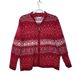 Coldwater Creek Red Fair Isles Knit Wool Blend Full Zip Jacket L Winter Cozy